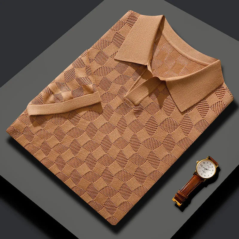 Men's short sleeve lapels business sweater in mulberry silk with Jacquard craft detail