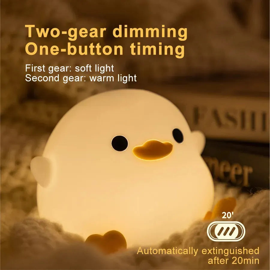 Doudou Duck silicone night light, BPA-free, squeeze to glow, 2 brightness levels, USB charging