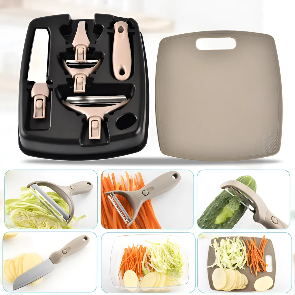 Green stainless steel cutter set with wheat straw chopping board, peeler, and fruit knife on a table