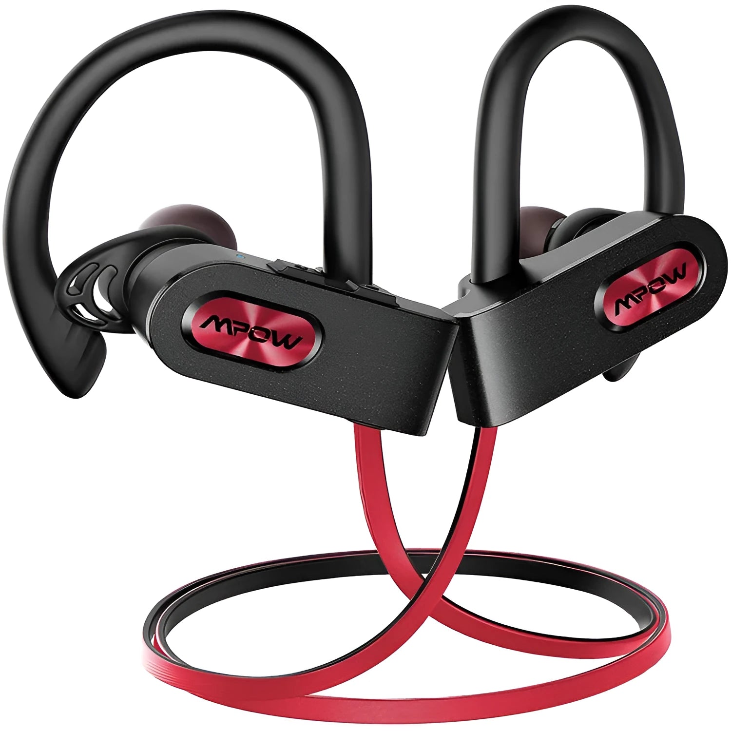 Red hanging ear Bluetooth wireless headset with bilateral stereo design