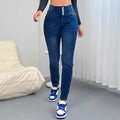 Dark blue straight-leg women's denim trousers with breast pockets and a zipper closure.