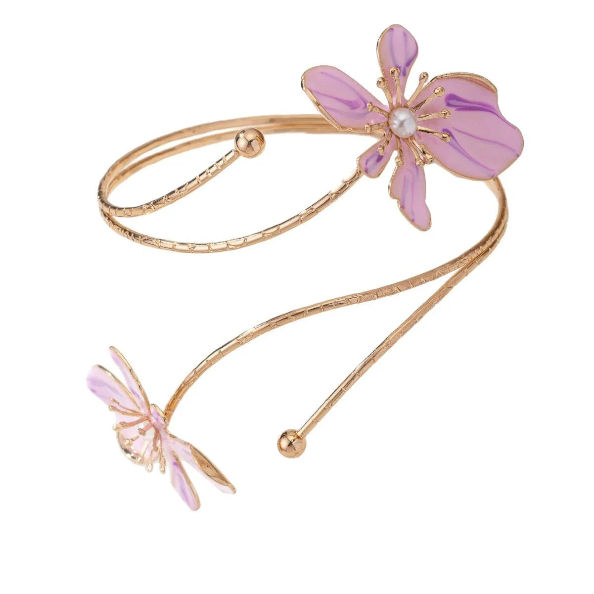 Close-up of a geometric hollow pattern alloy armband bracelet in pink, showing adjustable closure.