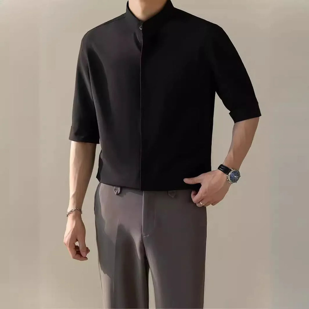 Men's thin stand collar short sleeve shirt in white, half sleeve polyester blend casual top