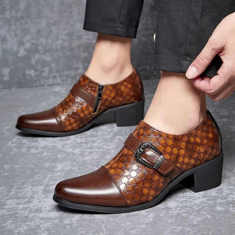 Men's casual snakeskin Cuban leather lace-up round toe shoes in black and brown rubber sole