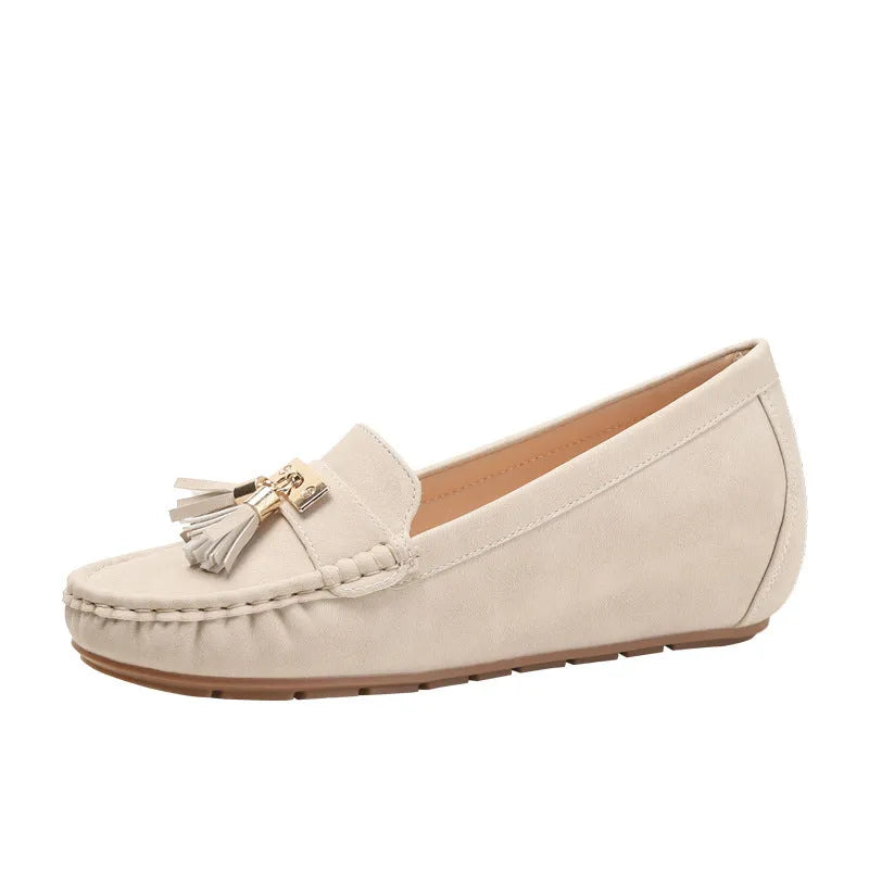 Nude casual work shoes with mid heel height increase and round toe design in multiple colour options
