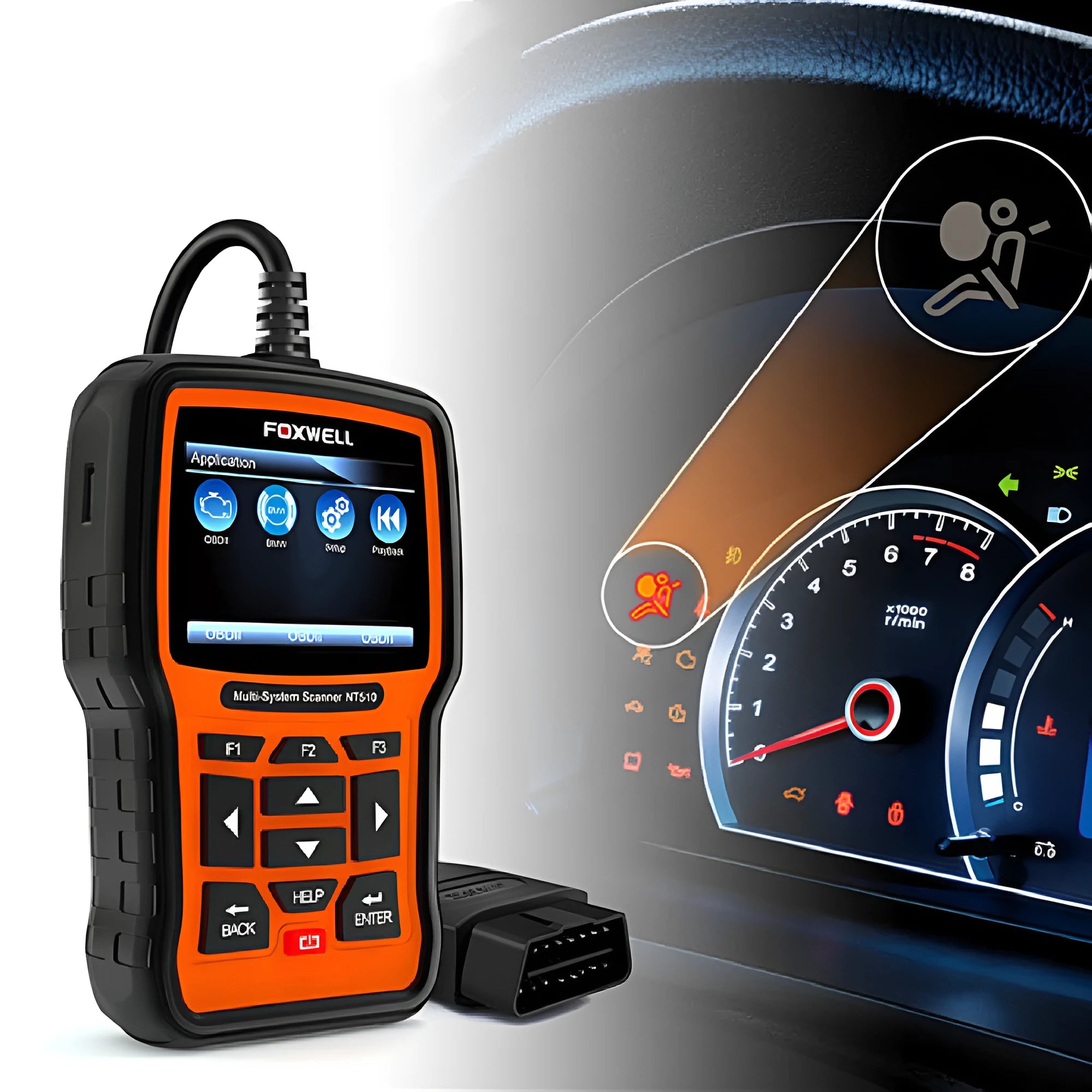 Foxwell NT510 orange and black automotive diagnostic scanner with data cable for vehicle fault detection