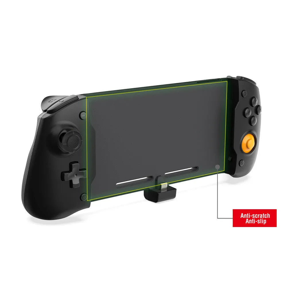 Black and white portable Nintendo Switch gamepad controller showing USB-C port.