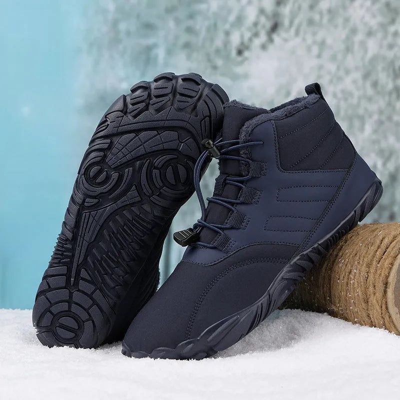 Outdoor winter slip-on boots for men and women with non-slip rubber sole, artificial plush lining, and waterproof Oxford cloth upper in black colour