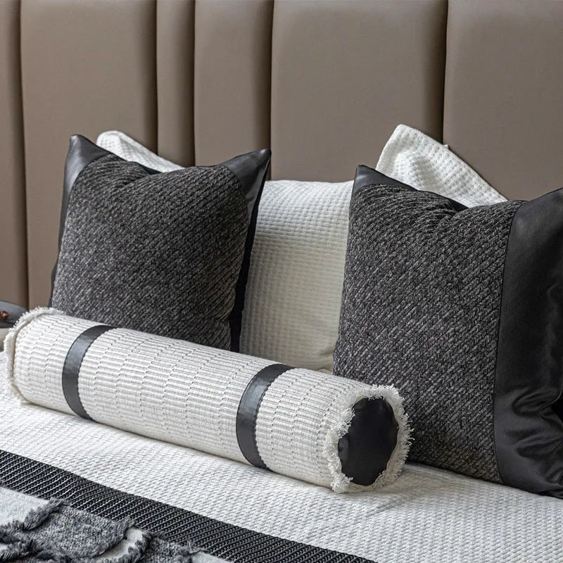 Grey and white plaid polyester bed runner blanket set with pillow on a 1.5m bed