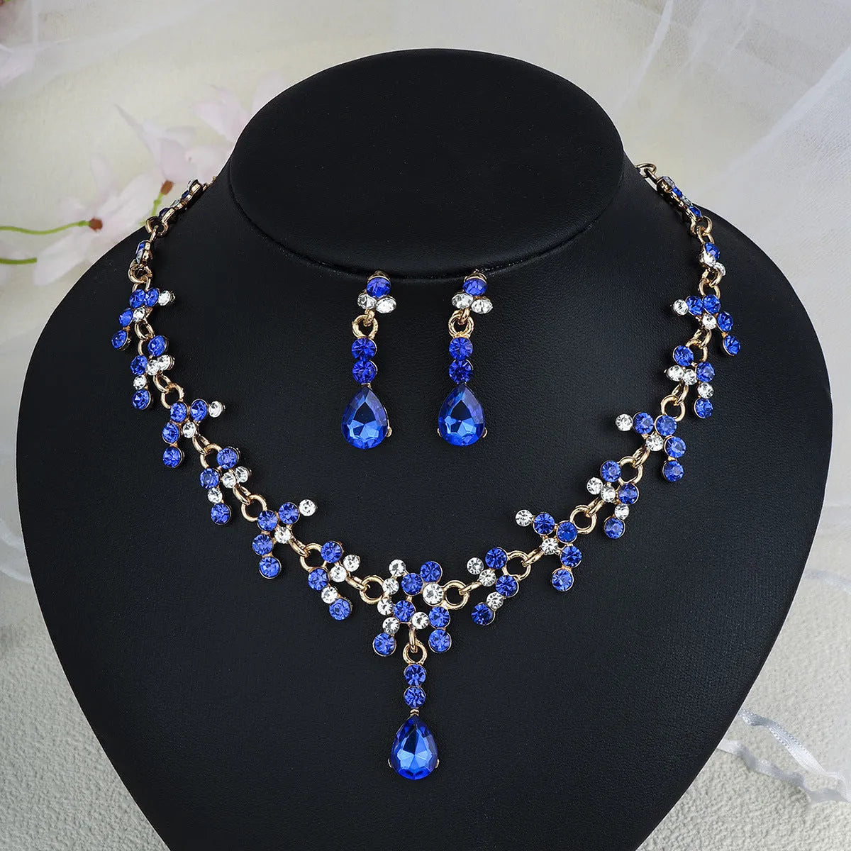 Rhinestone pearl earrings and necklace set for women wedding jewellery in silver gold AB blue green red champagne purple