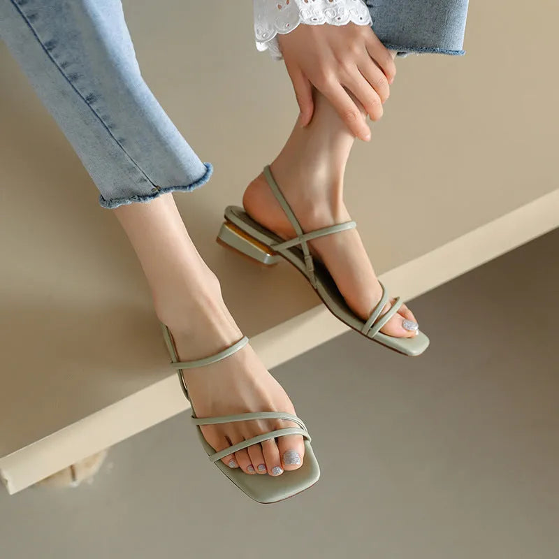 Women's flat strap Roman sandals with square toe in microfiber, available in green, white and beige