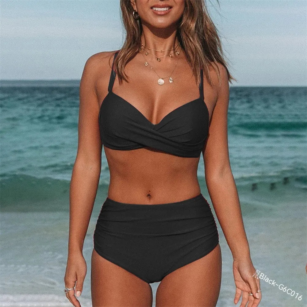 Women's cross-strap swimsuit bikini in solid colour nylon fabric with briefs style