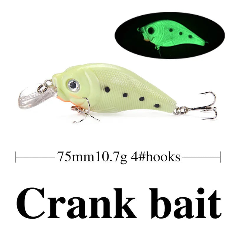 Set of five fluorescent 3D simulation hard bait fishing lures with luminous effect.