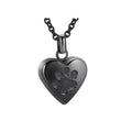 Openable heart-shaped cinerary casket necklace with paw print, made from polished titanium steel.