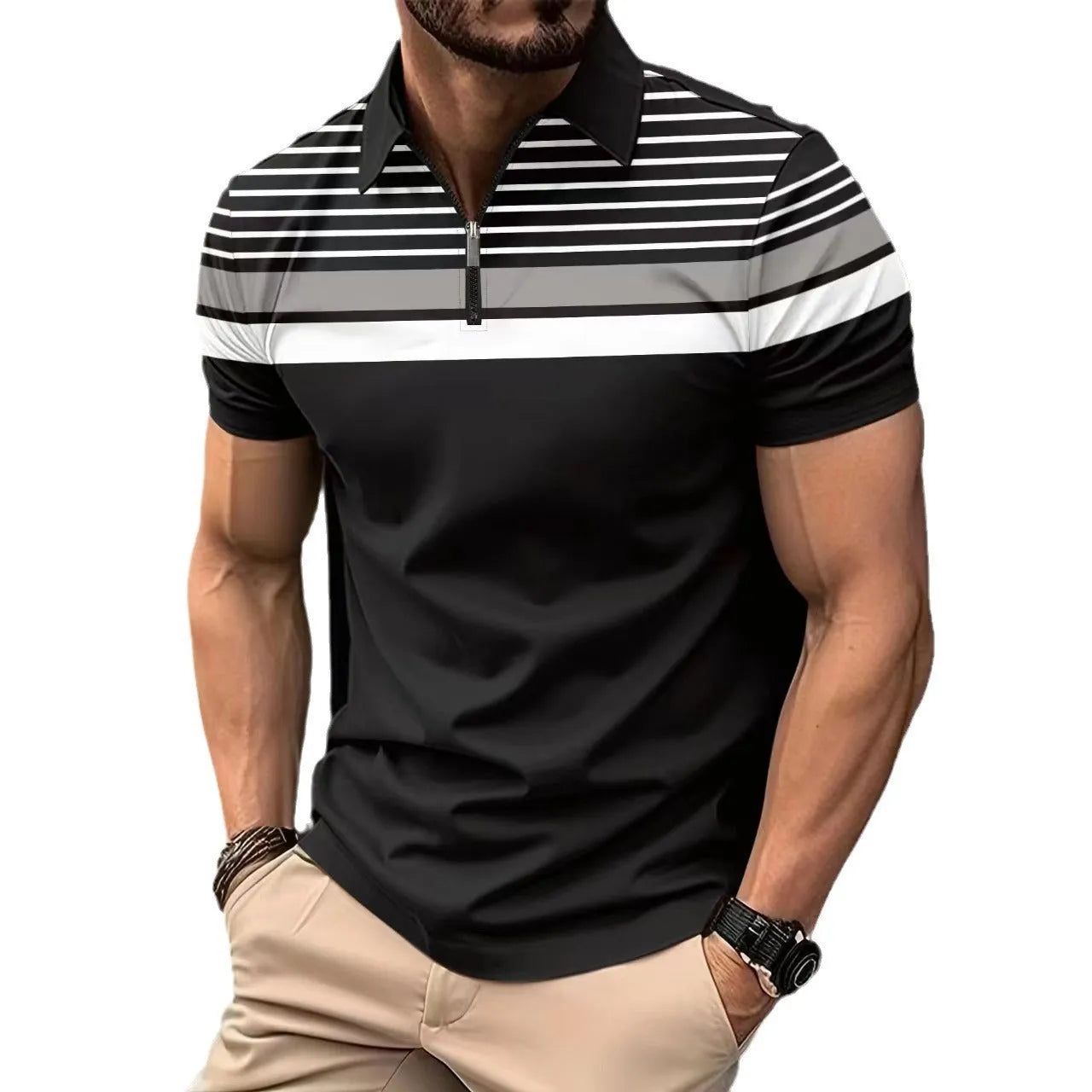 Men's black striped loose fit short sleeve polyester t-shirt on hanger, front view, sizes S to XXXL