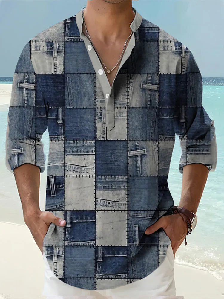 Thin striped long sleeve Hawaiian-style shirt in a digital bamboo linen pattern.