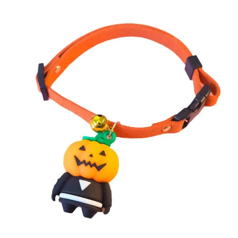 Halloween pet collar decoration on a dog, showing luminous skull pattern and adjustable polyester band.