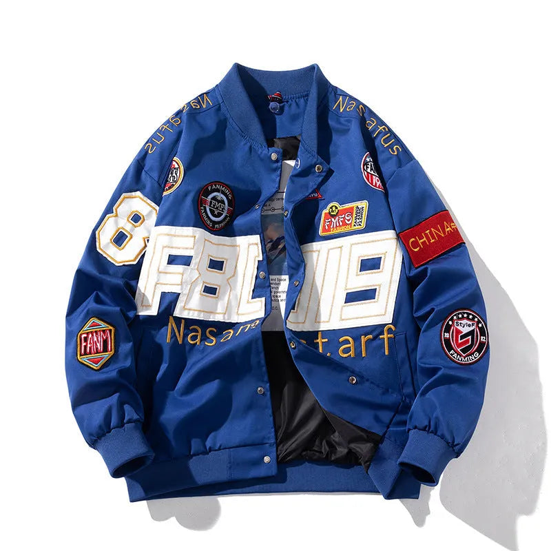 Black loose-fit motorcycle baseball jacket with a removable hood and side pocket.