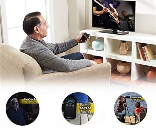 Digital display personal hearing aid booster in brilliant colour with handheld FM radio design.