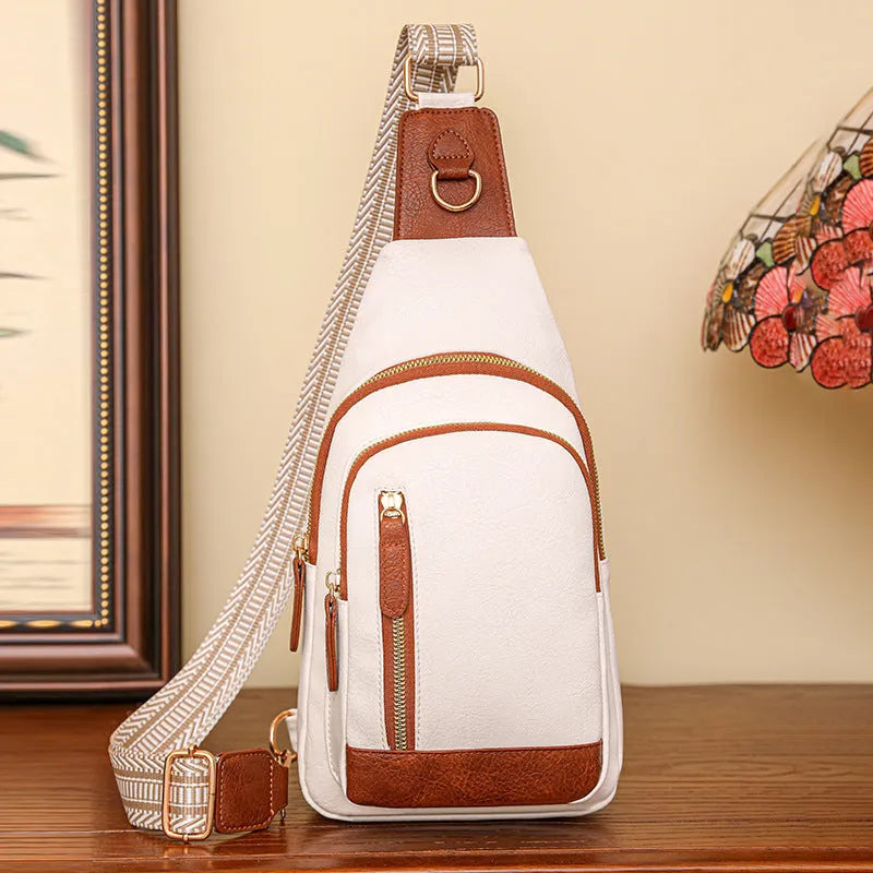 Small brown PU leather crossbody bag with sewing thread details and zip compartments