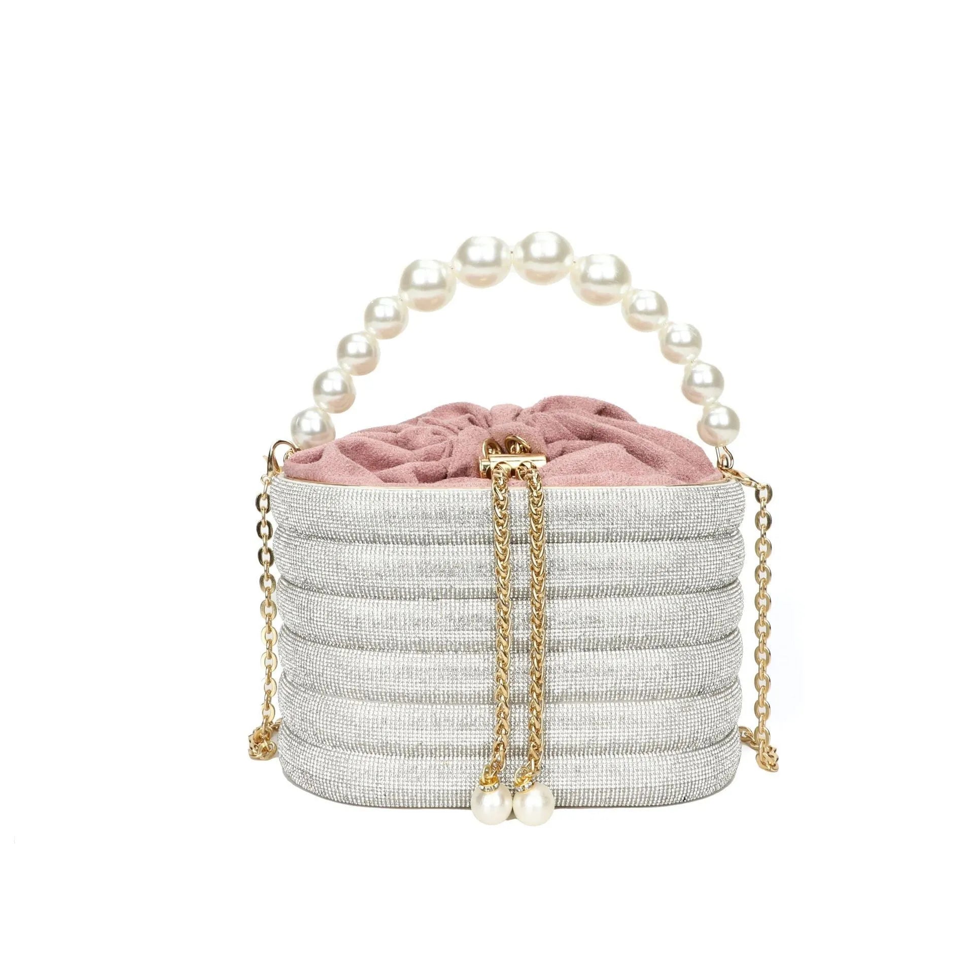 Retro style women's crossbody handbag with pearl beads in soft PU leather, shown in round shape.