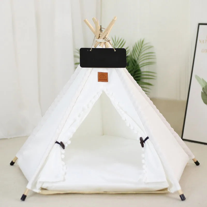 White striped linen teepee tent bed for small dog with cushion inside