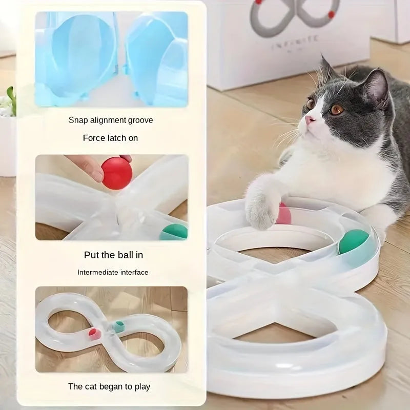 Blue and white interactive cat play station with turntable track, ball, and feather teaser stick.