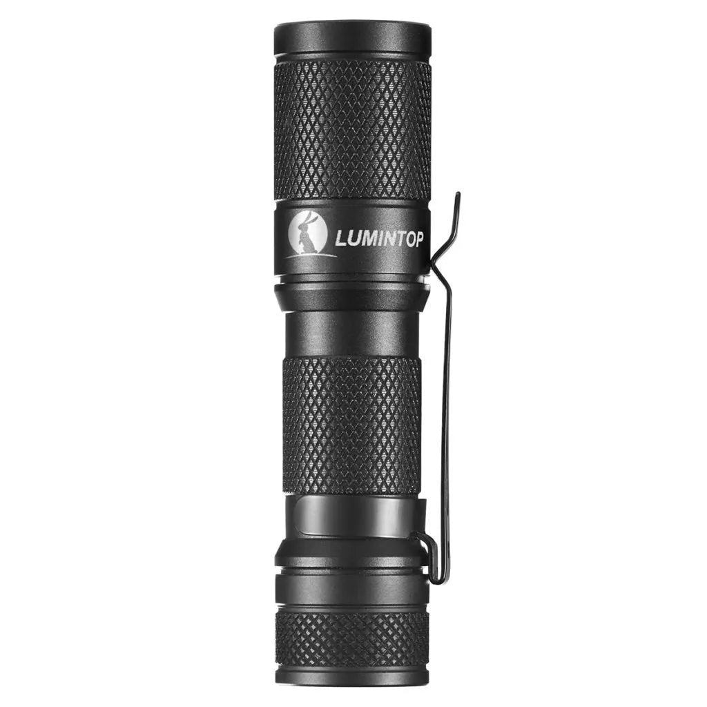 Lumintop Tool AA2.0 black compact keychain flashlight with Cree LED on metallic background