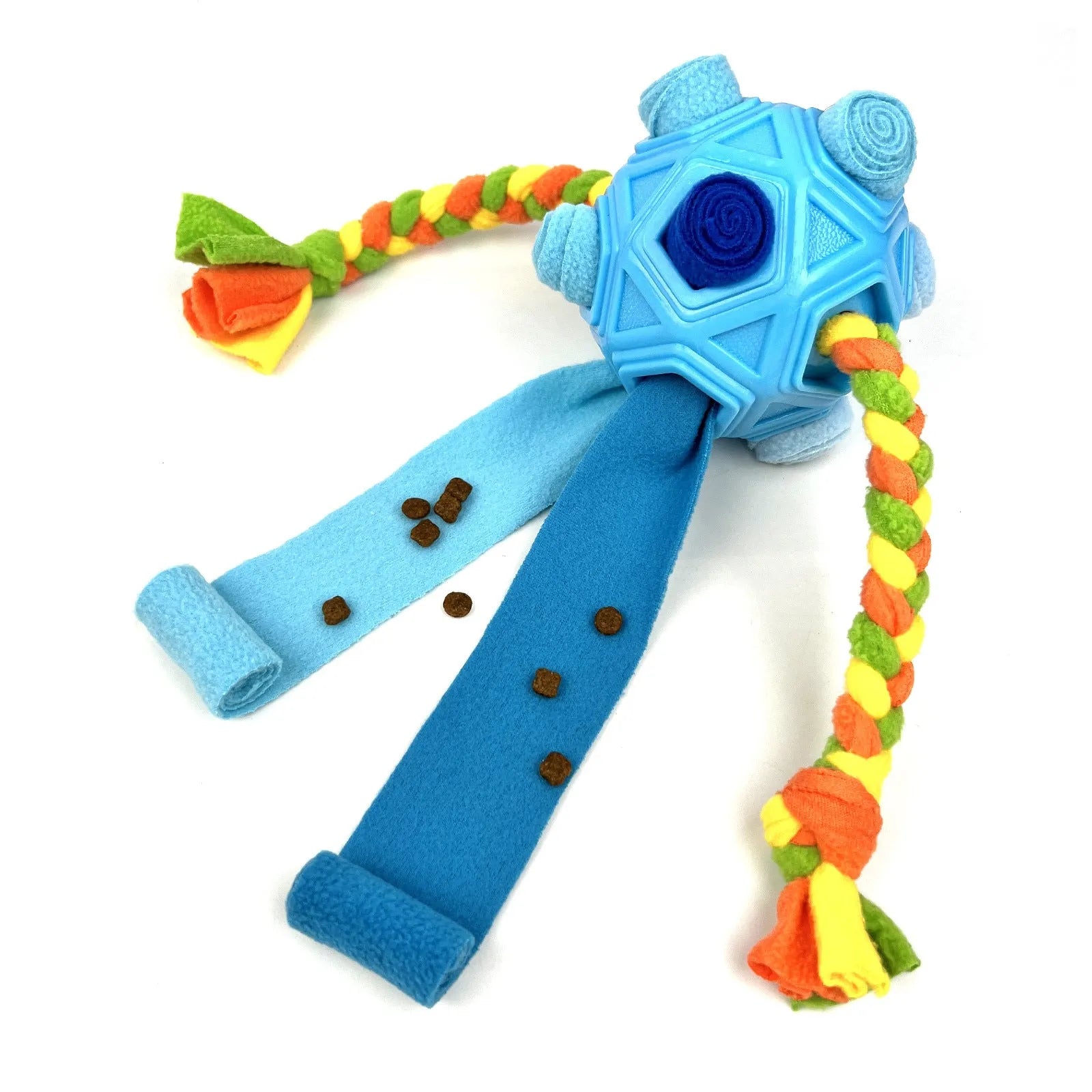 TPE sniffing ball dog puzzle toy showing textured surface with openings for treat dispensing