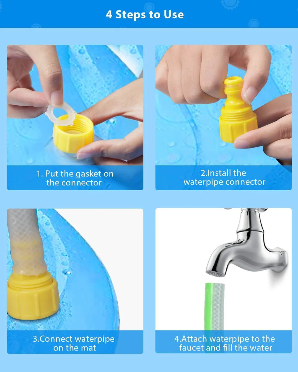 Blue PVC children's water spray play mat with marine animal designs, shown connected to a garden hose
