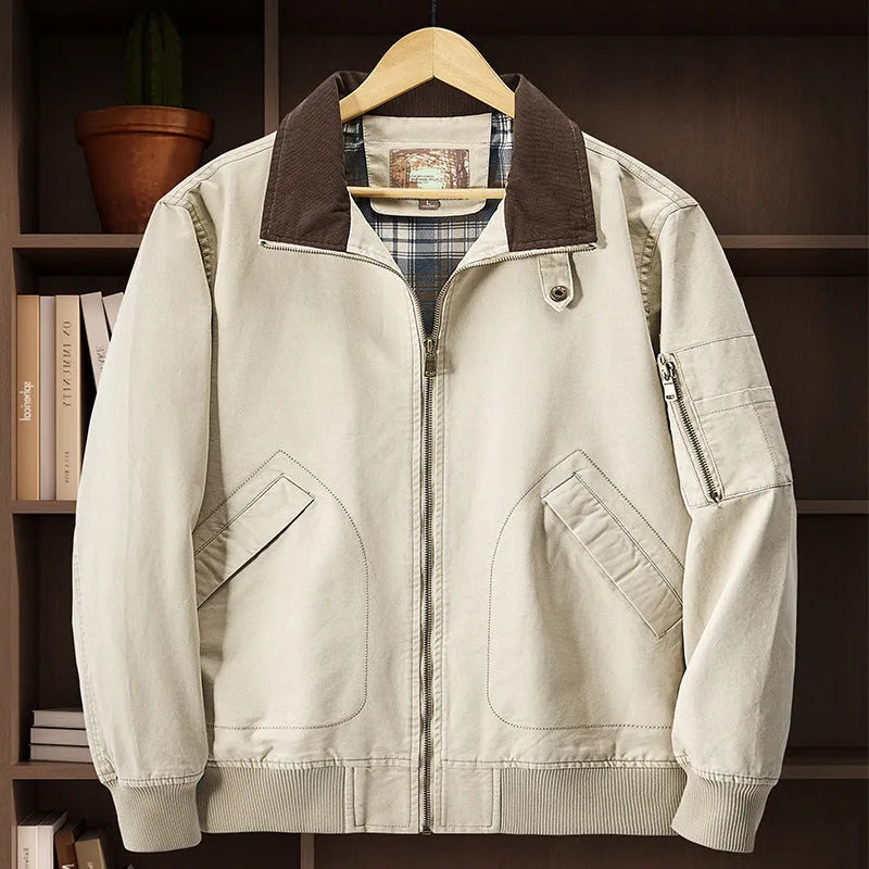 Men's plus size washed cotton baseball jacket shown in Camel colour on a hanger.
