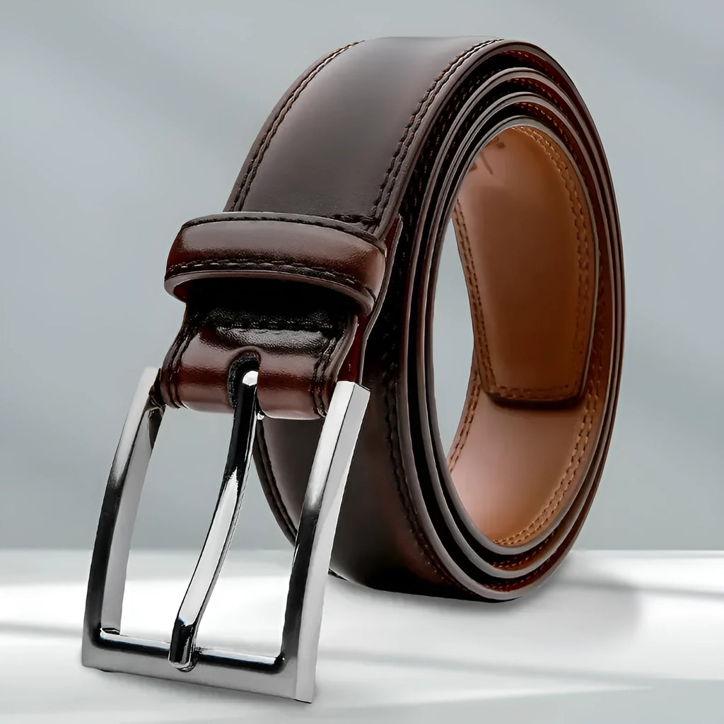 Men's brown genuine leather casual belt with alloy buckle showing 95-grain texture
