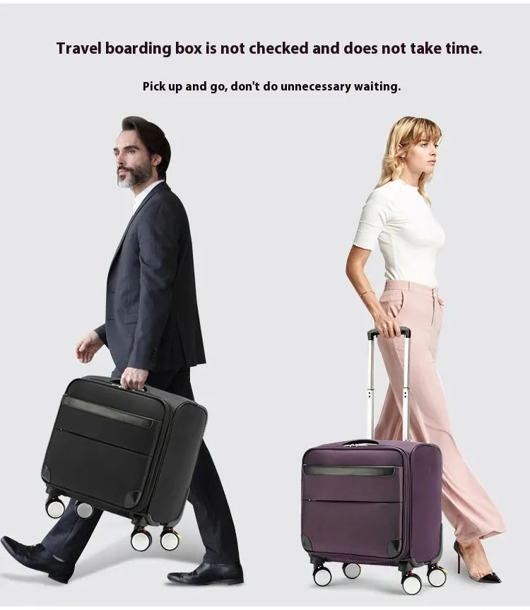 18 inch black Oxford cloth business travel suitcase with telescopic handle and universal wheels.