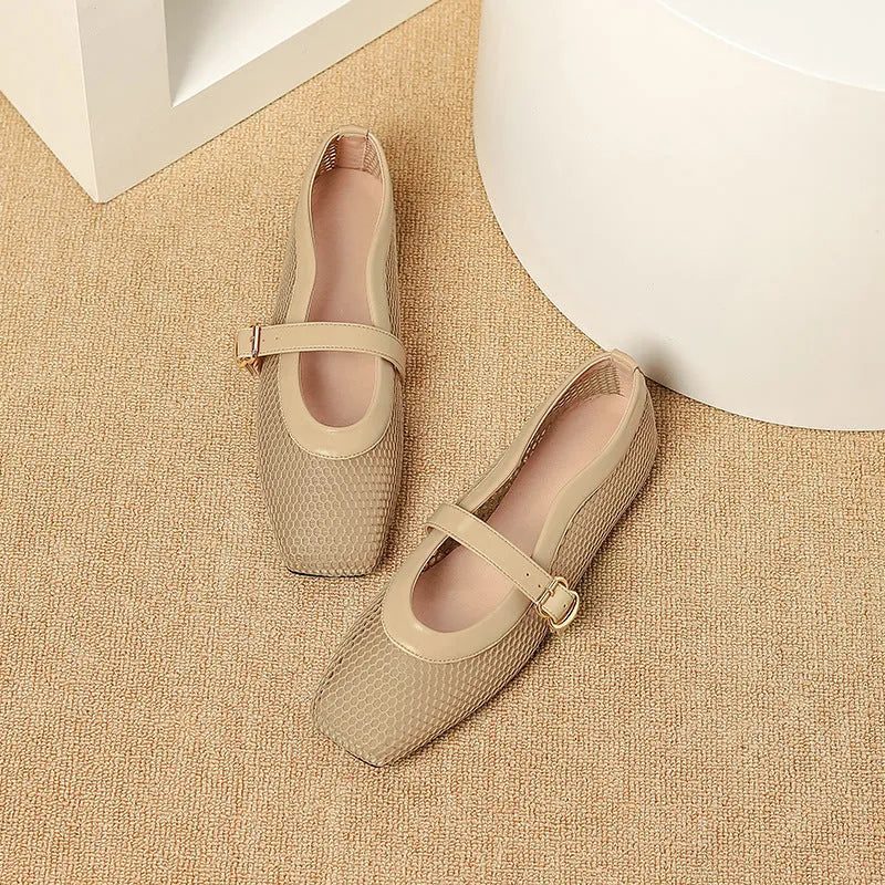 Women's mesh breathable summer shoes with buckle fastening and flat low heel