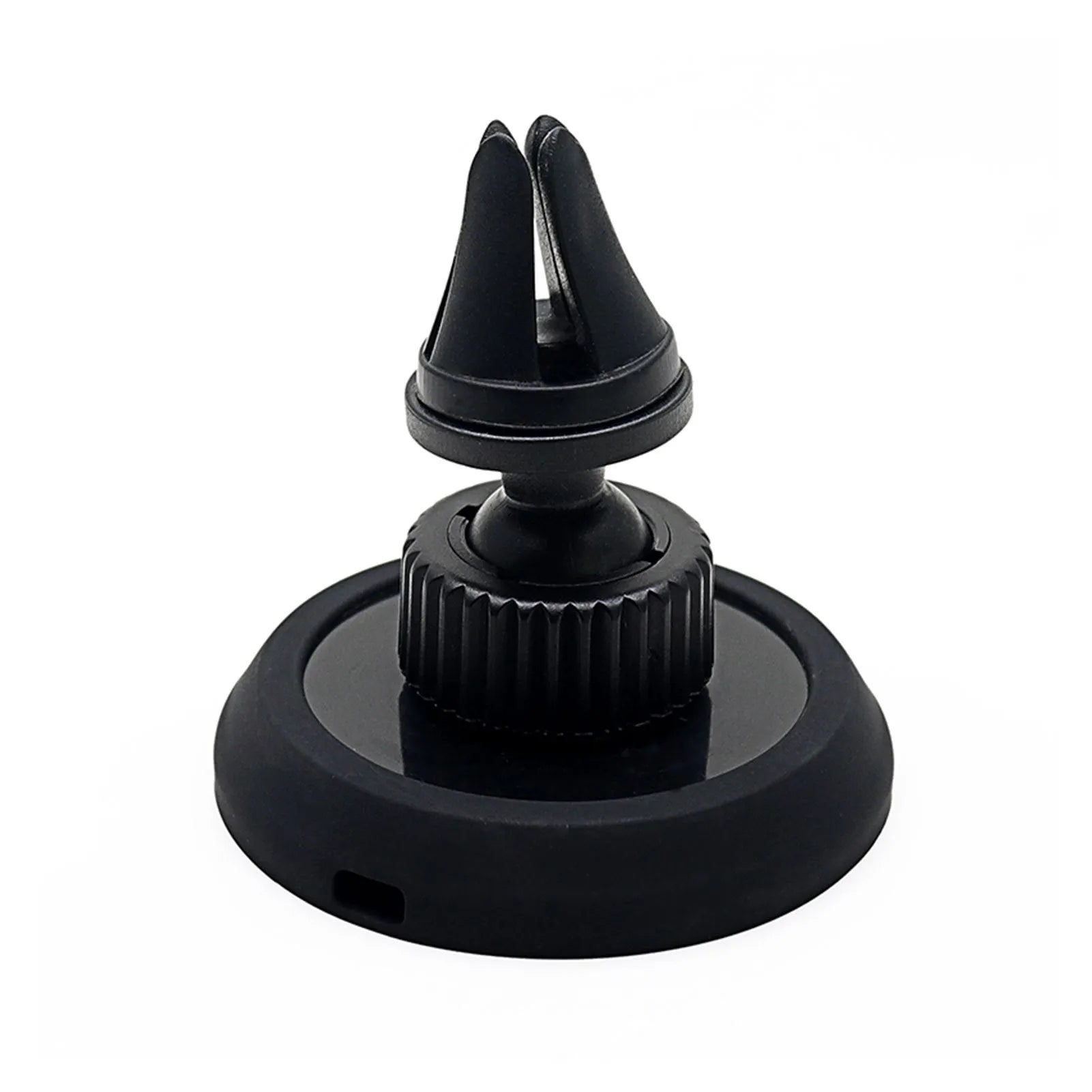 Black magnetic car phone holder mounted on vehicle air vent with smartphone attached