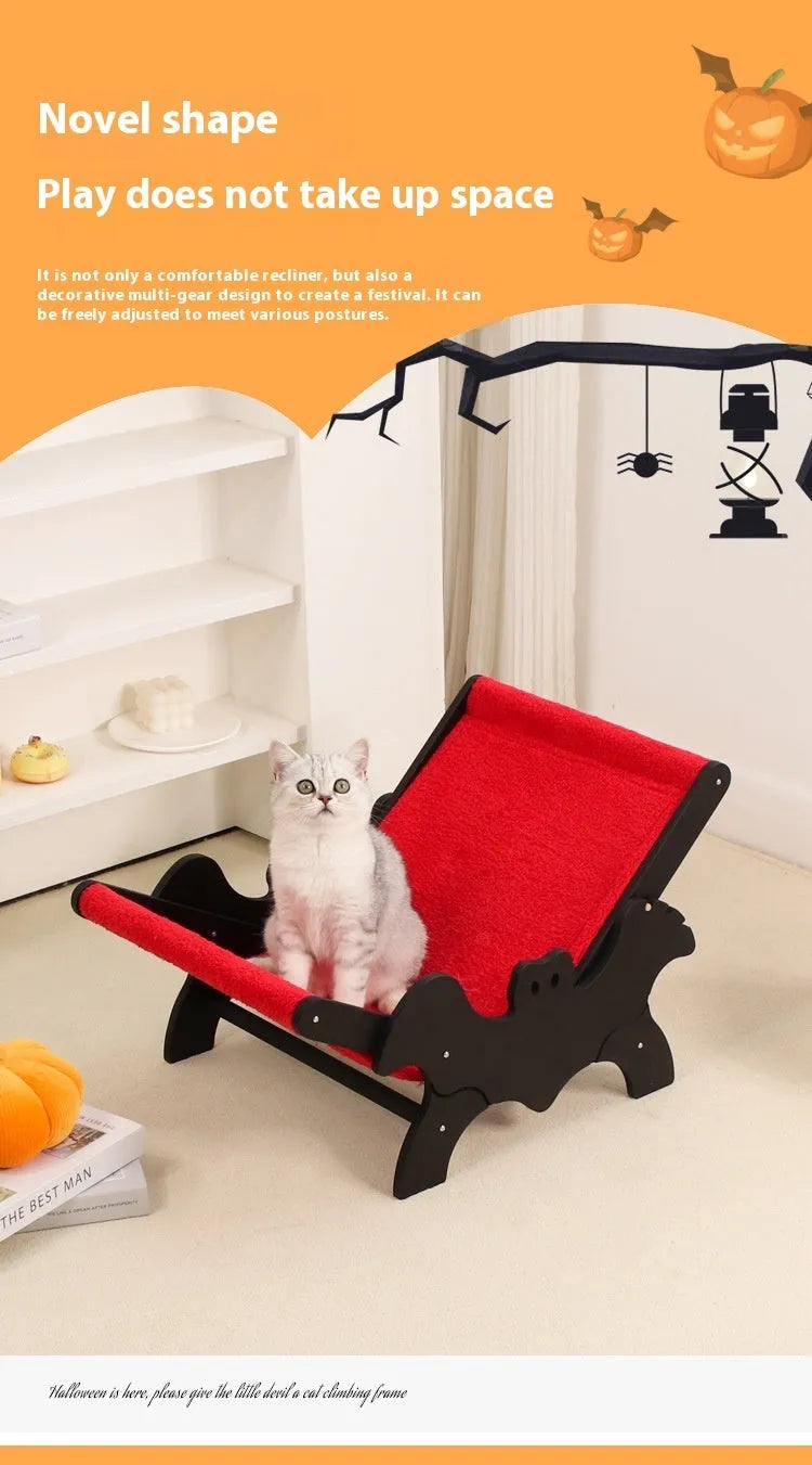 Wooden cat lounge chair with scratching posts and cage enclosure featuring a Halloween bat design in black and red.
