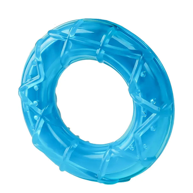 Assorted dog cooling toys including water-filled popsicles, silicone pacifier chews, and rope-attached ring in bright colours