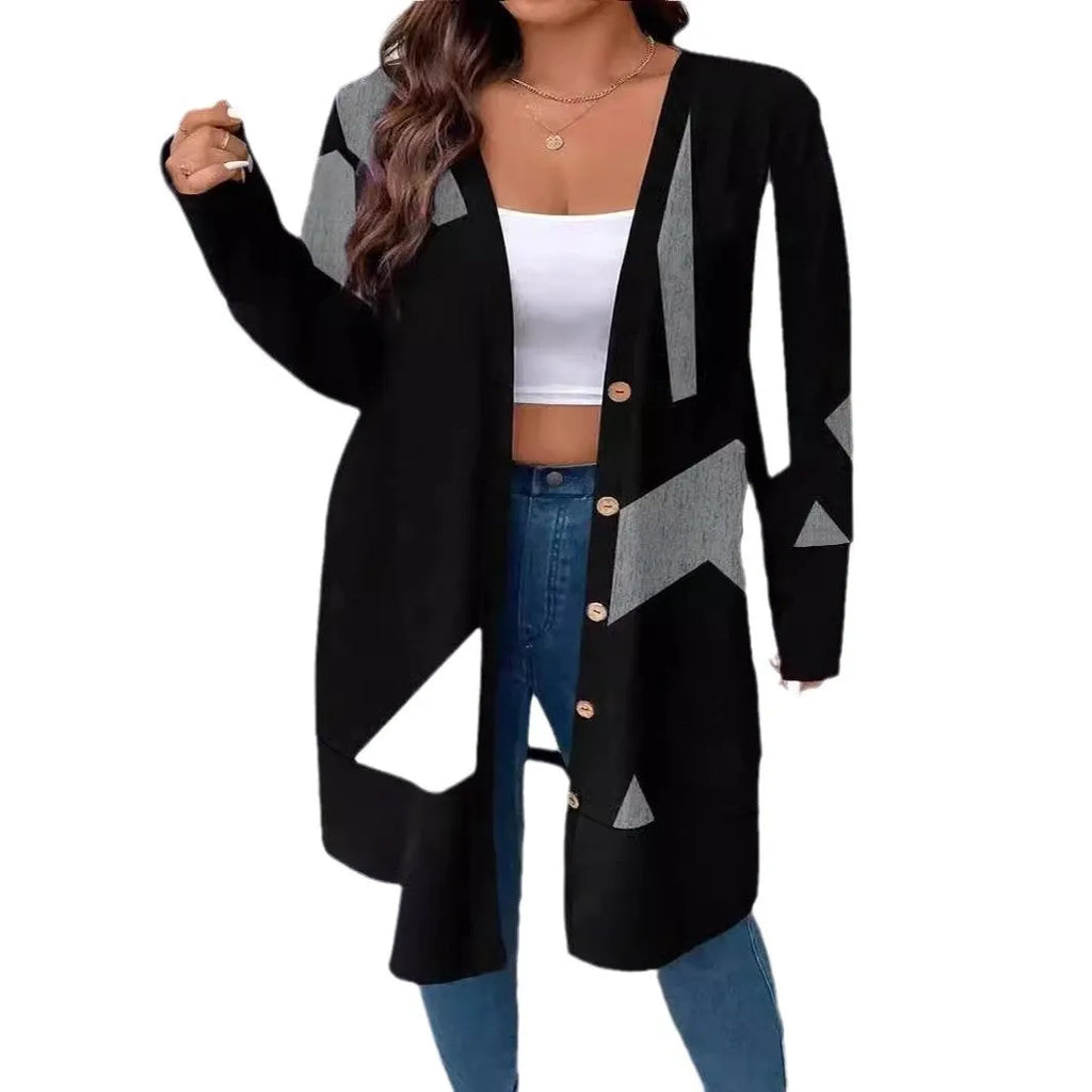 Black loose-fitting plus size women's cardigan coat with button stitching detail
