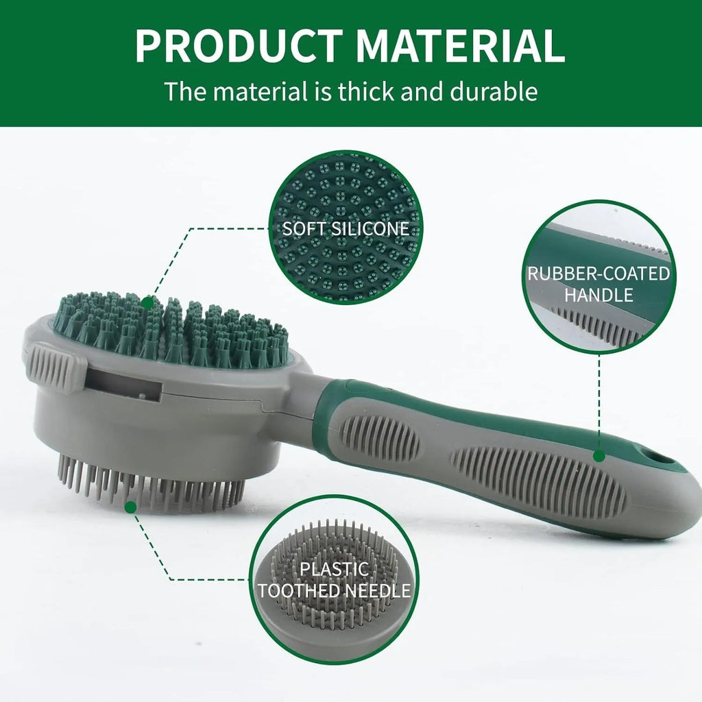 Two-sided silicone cat brush with green handle, showing slicker brush and massage sides