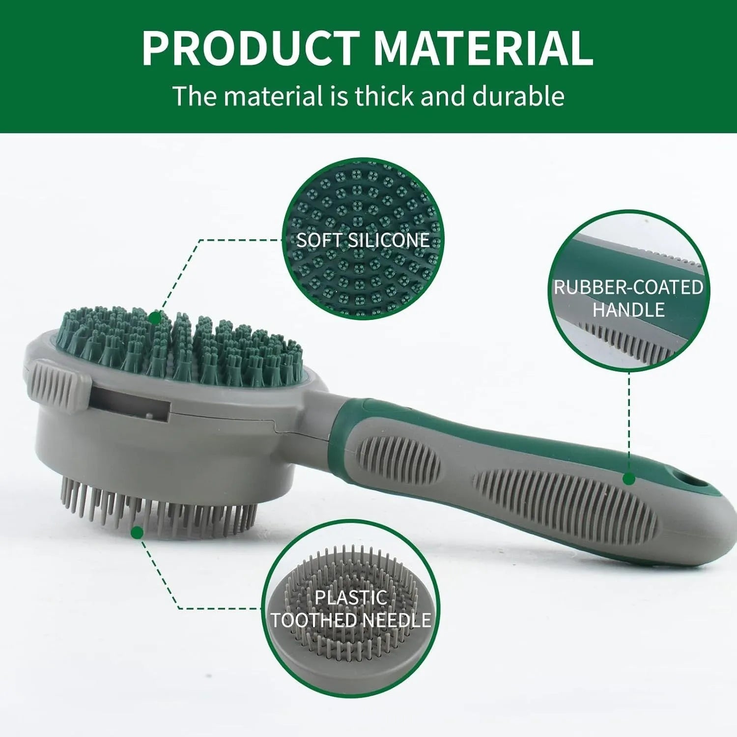 Two-sided silicone cat brush with green handle, showing slicker brush and massage sides