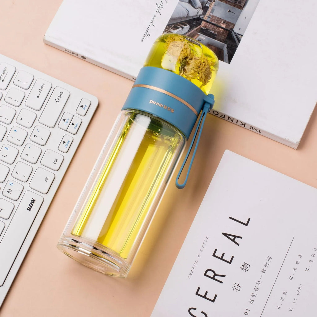 Double wall glass water bottle with tea infuser filter, leakproof, high borosilicate, stainless steel strainer, portable rope, 400ml