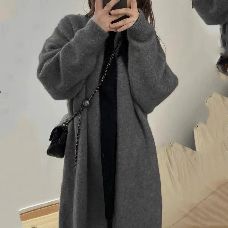 Women's loose chenille knit cardigan in dark grey with 3D effect pattern and long sleeves