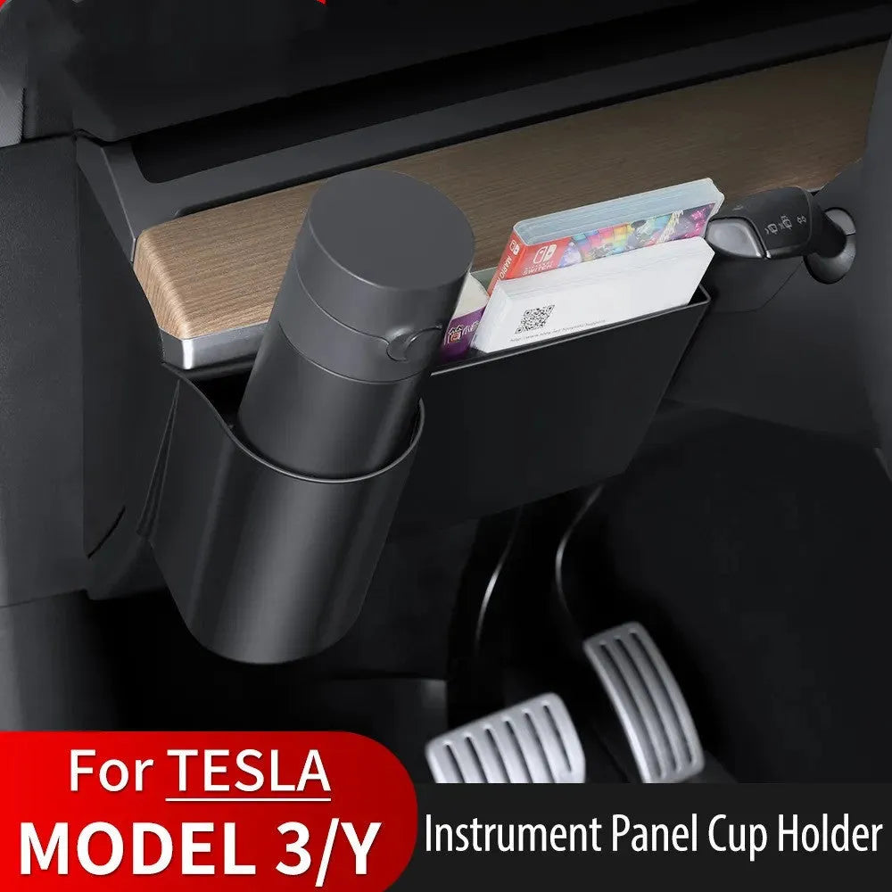 Plastic waterproof cup holder for Tesla Model 3 and Model Y dashboard, shown with a handle.