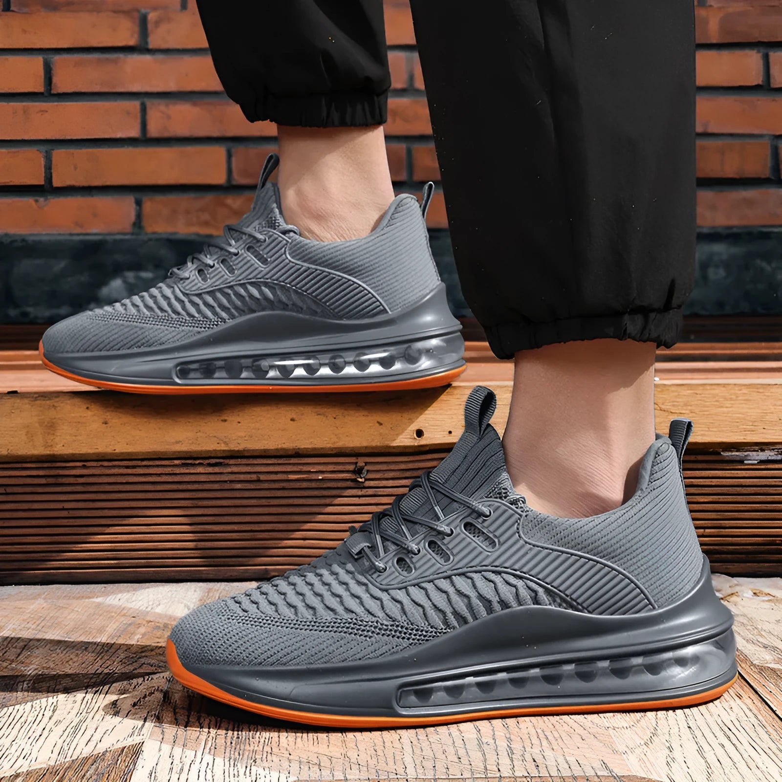 Men's black mesh running shoes with platform sole and lace-up closure