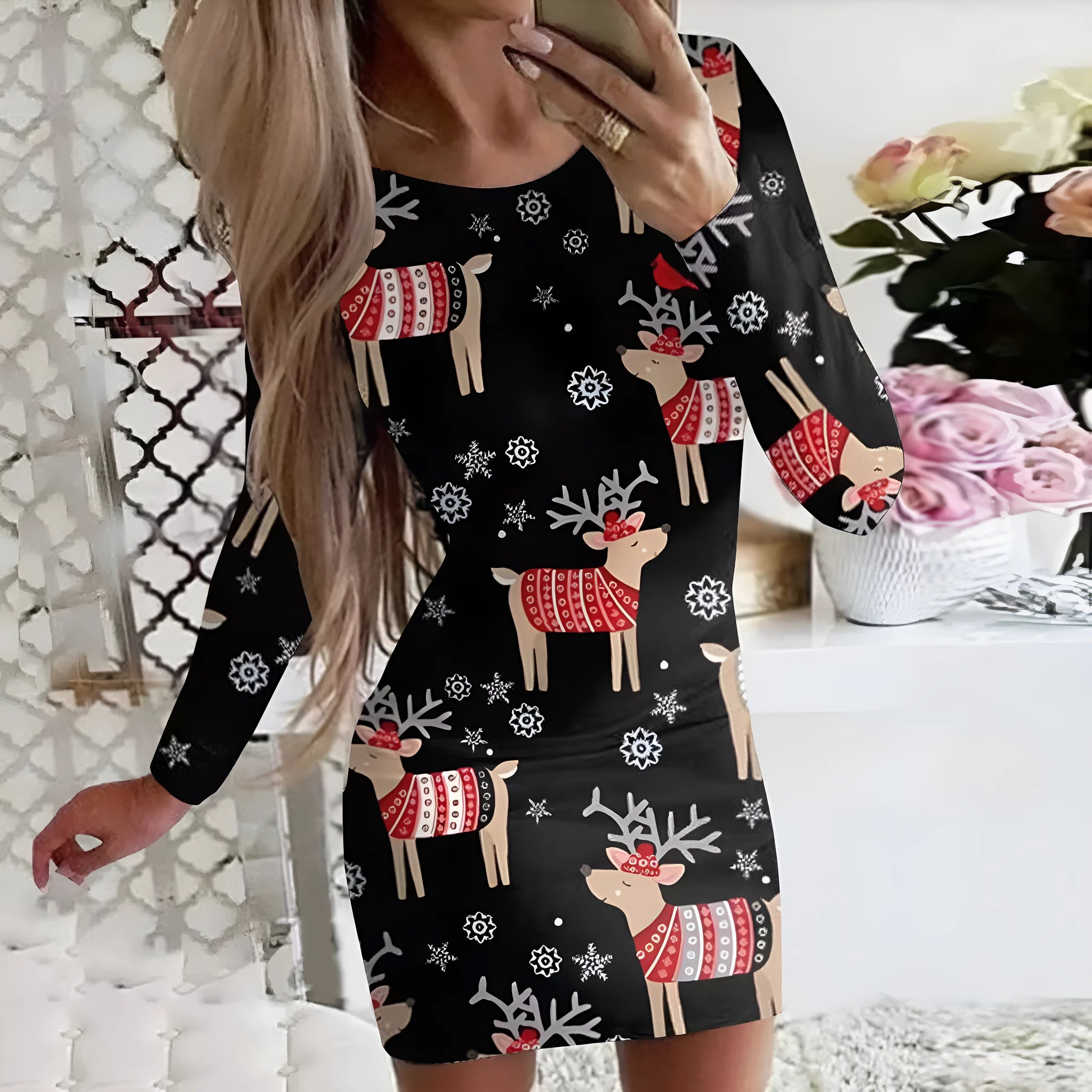 Animal pattern round neck dress with long sleeves and hip skirt styling in floral colour