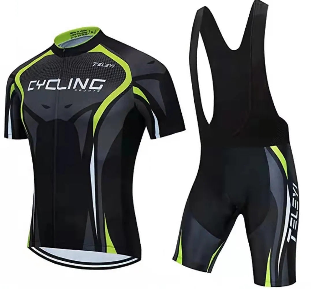 Cycling jersey set comprising a moisture-wicking top and pants for summer biking.