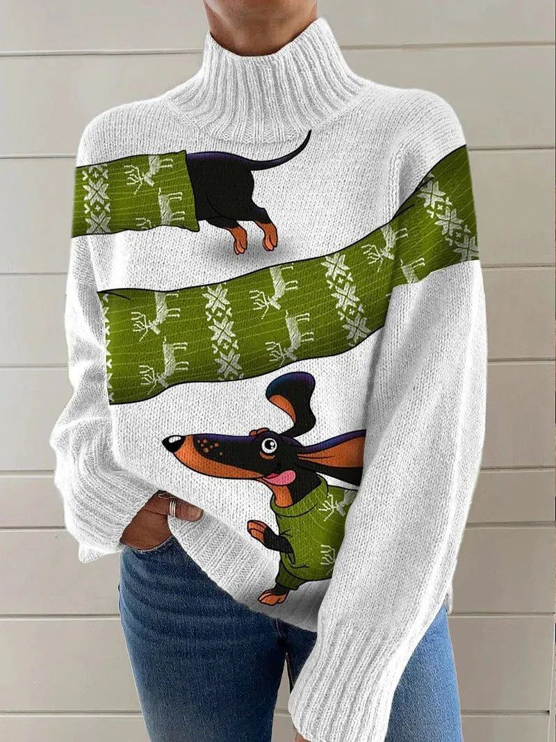 Women's Christmas printed turtleneck sweater in loose fit with festive design