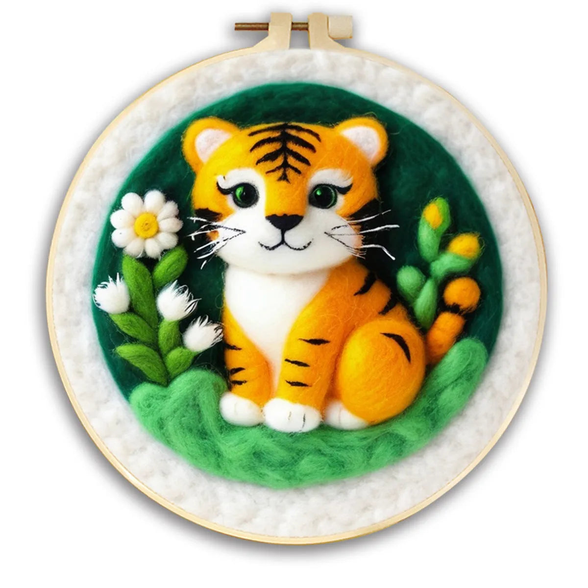 Round 20x20 cm linen embroidery kit with wool felt pieces for floral design and included embroidery frame.
