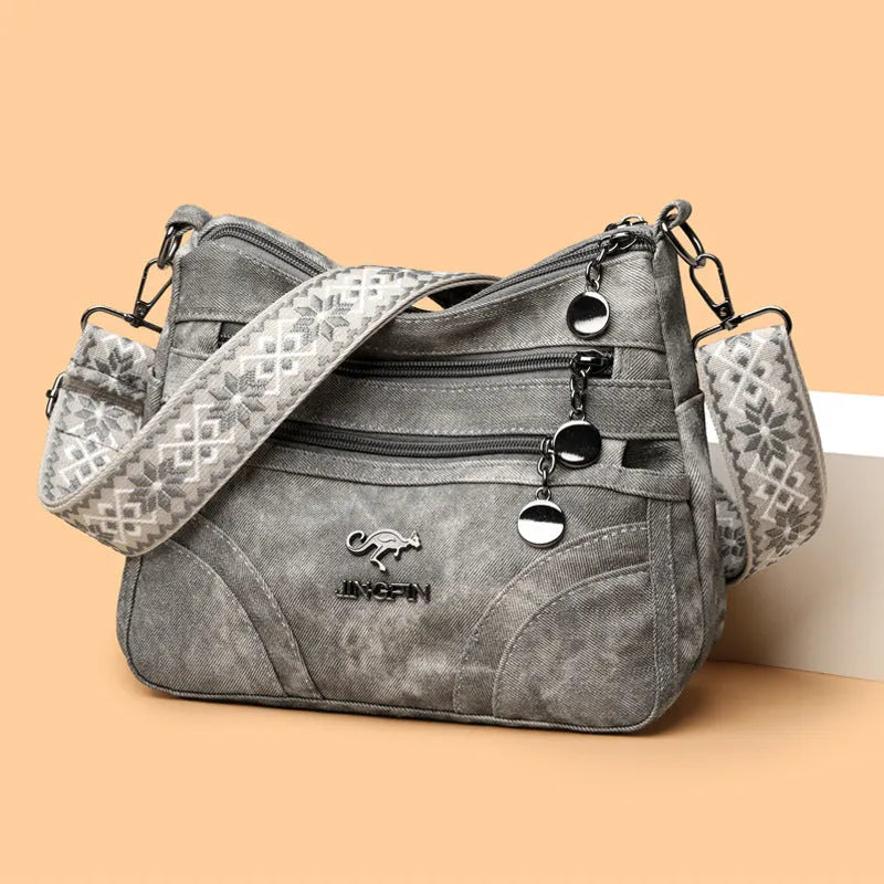 One-shoulder soft leather tote bag in brown with contrast colour details, horizontal square shape