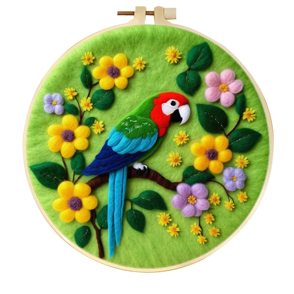 Round 20x20 cm linen embroidery kit with wool felt pieces for floral design and included embroidery frame.